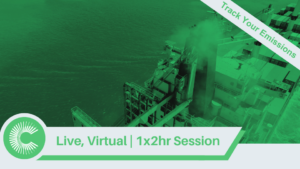 A green-tinted aerial view of a cargo ship at port with the text “Live, Virtual | 1x2hr Session” and “Track Your Emissions.”